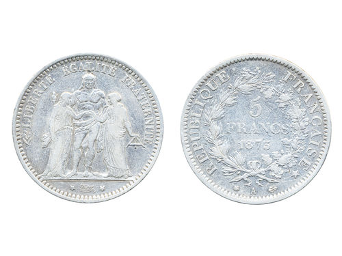 Coins, France. Third Republic, KM 820.1, 5 francs 1873 A. VF.