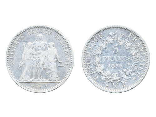 Coins, France. Third Republic, KM 820.1, 5 francs 1875 A. VF.