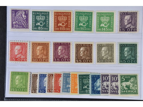 Sweden. ★★ 1920–1936. Coil stamps. All different, e.g. F 153, 166A3, 170a, 174A2+A3, 175C, 177C, 186a, 187c, 191a, 192a, 193, 195. Mostly good quality. F SEK 7380 (24)