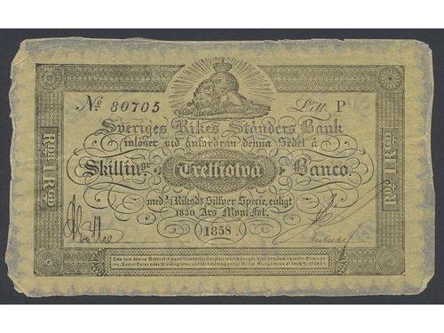 Banknotes, Sweden. DSS 461, 32 skilling banco 1858. Litt P, NO: 80705. 1+.