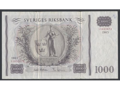 Banknotes, Sweden. KM 46, 1000 kronor 1965. No: 11032672. 1.