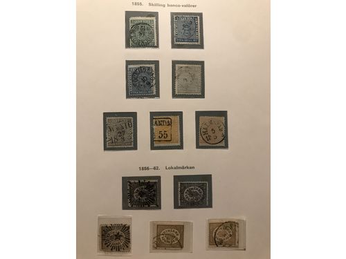 Sweden. Used. Collection 1855–1960 in Facit album incl. 3, 6 and 24 skill (def./rep.), F2i and 4a with cert., local stamps, F15, complete Coat-of Arms, Circle types, officials and postage due stamps, a well-filled section coil stamps, cpl. Landstorm, Congress and UPU, all BC/CB-pairs (320CB and 332CB small margins), some cancellations, etc. Early part in mixed quality. Please see a selection of scans at www.philea.se.