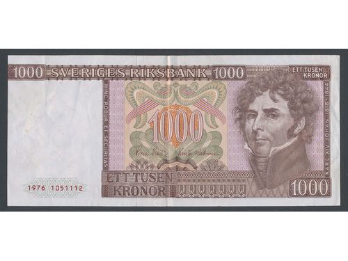 Banknotes, Sweden. DSS 557, 1000 kronor 1976. No: 1051112. 1+.