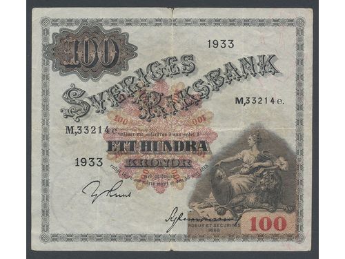Banknotes, Sweden. DSS 671, 100 kronor 1933. No: M,33214e. 1?