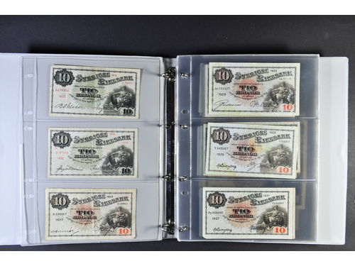 Banknotes, Sweden. 1 album with 35 banknotes, 1913–1981, 10 kronor–100 kronor, mixed quality.  .