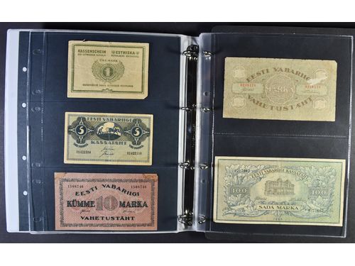 Banknotes, Europe, Finland and Estonia. One album with 22 banknotes, 1919–1963, mixed quality.  .
