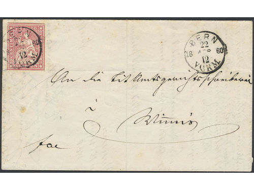 Switzerland. Michel 15 II on cover, 15 Rp on cover sent from BERN 22.APR.1860 to WIMMIS 23.APR.60. Certificate Berra-Gautschy (2010).