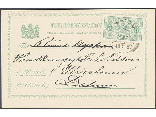 Sweden. Postal stationery, Official postcard, Facit TjbK3, Tj14, Official postcard 5 öre with printed announcement, sent from ULRICEHAMN 22.5.1887 to Dalum, then re-sent with signed proof of reading, from DALUM 22.6.1887 to Ulricehamn. Very scarce 