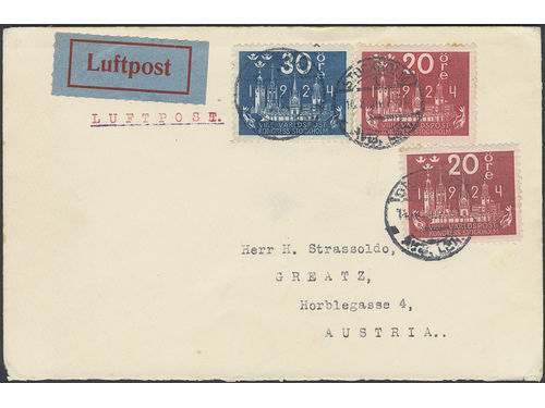 Sweden. Facit 199, 201 on cover, 2×20+30 öre on early air mail cover sent from STOCKHOLM 14.8.24 to Austria. Ex. Michtner.