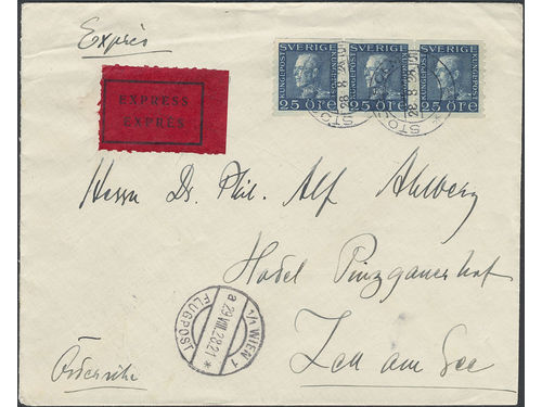 Sweden. Facit 183 on cover, 3×25 öre on air mail special delivery cover sent from STOCKHOLM 5 28.8.28 to Austria, with several arrival pmks. Sent by air mail although no air mail fee prepaid. Interesting itrem. Ex. Michtner.