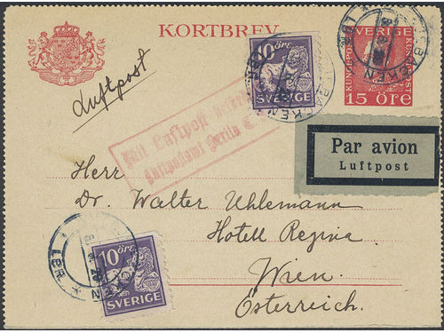 Sweden. Postal stationery, Letter card, Facit kB32, 145A, Letter card 15 öre additionally franked with 2×10 öre, sent by air mail from SMEDJEBACKEN 5.6.29 to Austria. Transit pmk BERLIN C 6.6.29. Ex. Michtner.