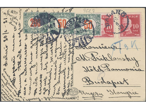 Sweden. Facit 149A on cover, 2×10 öre insufficiently prepaid postcard sent from DALARÖ 20.6.1921 to Hungary. Postage due paid with 2×50 f. Nice item. Ex. Michtner.