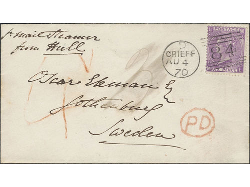 Britain. Michel 30 on cover, 1869 Queen Victoria 6 d lilac, without hyphen, watermark Spray of Rose, on cover sent from CRIEFF 4.AU.70, Scotland, 