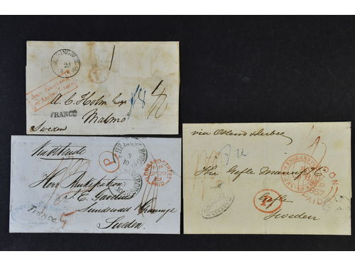 Sweden. Foreign-related cover. Great Britain. Three prepaid incoming letters/covers 1850–1859, one from London with italic small Franco mark, one from LONDON 17.SEP.1857 with late use of circle AUS ENGLAND PER AACHEN FRANCO transit mark, and one from GUERNSEY 24.AP.1850 with stamps removed with boxed Aus England per Aachen franco mark. (3).