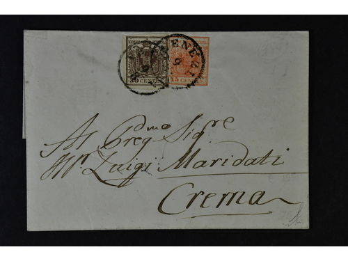 Austria, Lombardia-Venetia. Michel 3–4 on cover, sent to Crema franked with 1850 issue 30 and 15 c tied by VE NEZIA 9/8. Arr cancel on reverse. Cert by Steiner 2019.
