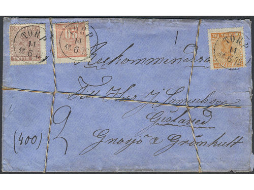 Sweden. Facit 16e, 10f2, 11g on cover, 24+30+20 öre on insured 2-fold cover, with preserved strings, sent from TORP 14.6.1872 to Gislaved. Small imperfections of less importance. Very scarce combination. Certificate HOW 2, (3,3,3) (4,4,4) 2 (1996). Please see www.philea.se for further information.