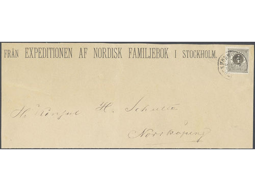 Sweden. Facit 18a on cover, 4 öre on newspaper wrapper of 2nd level sent from STOCKHOLM T.E. 13.6.1877 to Norrköping. The special newspaper rate was 1 öre per 10 ort, with minimum fee 3 öre. Part of reverse is missing. Scarce rate for which usage this stamp was issued. Ex. Nordin. Ex. Michtner. F 30000.