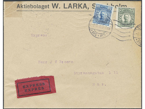 Sweden. Facit 80, 85 on cover, 7+20 öre on local special delivery cover cancelled STOCKHOLM 2 8.10.18. Small bit of tape on the inside of the cover of less importance. Scarce. SEK 1000