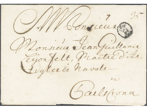 Sweden. A county. B och F-stämplar. B-cancellation type 6 on cover sent to Karlskrona. Very scarce pmk. Postal: 10000:-