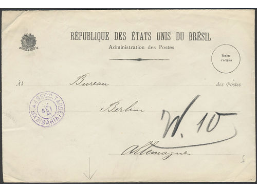 Brazil. Cover, PS-cover sent from BAHIA to Germany. On reverse two seals KAISERLICH DEUTSCHES BRIEF-POSTAMT BERLIN.