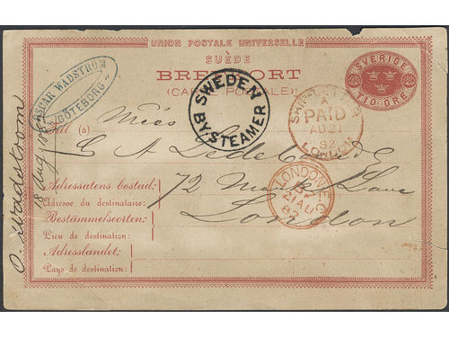Sweden. Facit bKe4. Cancellations,. SWEDEN BY STEAMER and SHIP-LETTER LONDON PAID 21.AU.82 used on postcard 10 öre sent from 