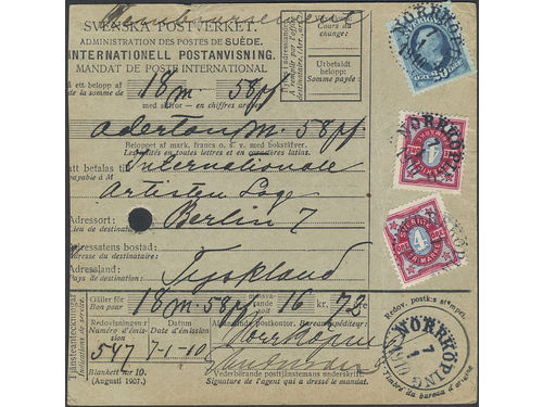 Sweden. Facit 56, 64 on cover, 2×4+20 öre on 'remboursement' money order sent from NORRKÖPING 7.1.1910 to Germany. Imperfections, still very beautiful.