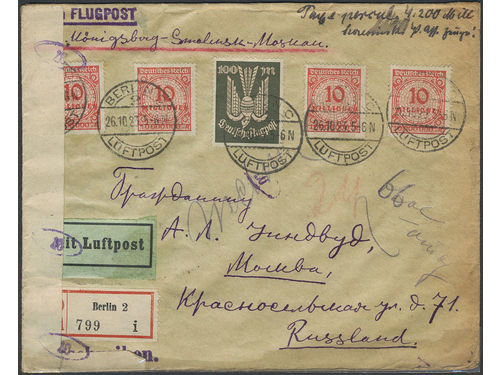 Germany, Reich. Michel 237, 318 on cover, 100 M + 4×10 Mio M on censored registered air mail cover sent from BERLIN C 26.10.23 to Russia. Arrival pmk MOCKBA 4.11.23.