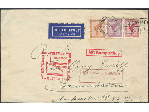 Germany, Reich. Michel 379, A379, 381 on cover, 10+15+50 pf on air mail cover sent from Deutscr.-Amerik. Seepost Bremen–NewYork 10.9.30 to BREMERHAVEN 11.9.30, with cancellations Mit Katapuktflug and DEUTSCHER KATAPULTFLUG D.