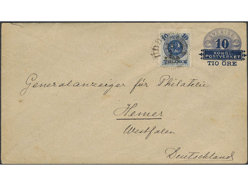 Sweden. Postal stationery, Stamped envelope, Facit Fk5, 50, Stamped envelope 10/12 öre additionally franked with 10/12 öre, sent from UDDEVALLA 25.2.1890 to Germany. Arrival pmk HEMER 27.2.90.
