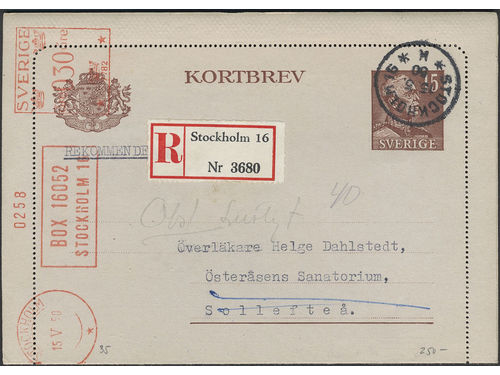 Sweden. Postal stationery, Letter card, Facit kB35, Letter card 15 öre additionally franked with meter stamp 30 öre, sent registered from STOCKHOLM 15.5.50 to Sollefteå. Scarce.