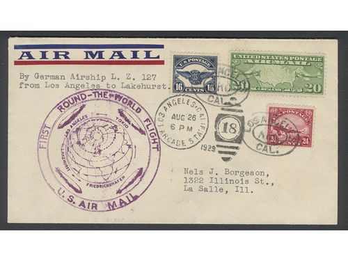 U.S.A. Michel 286–88 on cover, 1923 Air mail 16 c, 24 c Air mail 1927 20 c. On Zeppelin air mail cover LOS ANGELES AUG 26 1929 to Lakehurst, rec mark LAKEHURST AUG 29 1929.
