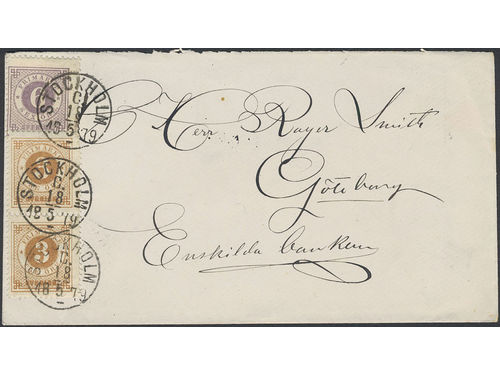 Sweden. Facit 28, 31 on cover, 2×3+6 öre, as decorative combination, on cover sent from STOCKHOLM 18.5.1879 to Gothenburg. The upper back flap is missing.