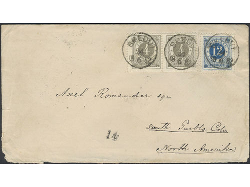 Sweden. Facit 29, 32 on cover, 2×4+12 öre on cover sent from SKEDVI 24.6.1882 to USA. Arrival pmk NEW YORK PAID ALL A 10.JUL.82. The combination R4 according to Ferdén.