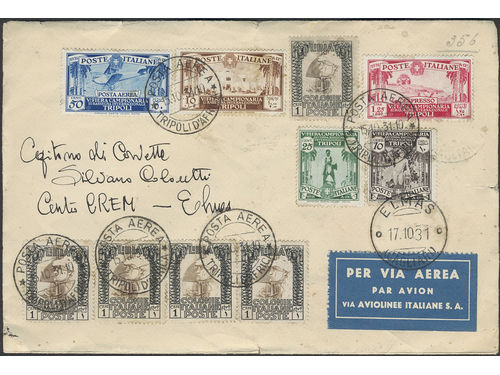 Italian Tripolitania. Michel 148, etc. on cover, 10+25+50 c + 1.25 L(+0.20 c) + 10(+2) L, together with Libya 5×1 c, on air mail cover sent to ELMAS 17.10.31.