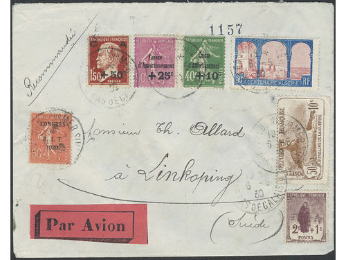 France. Michel 244–46, etc. on cover, 1929 Caisse d´Amortissement SET (3) together with six other stamps, on registered air mail cover sent from BOULOGNE SUR MER 6.5.30 to Sweden.