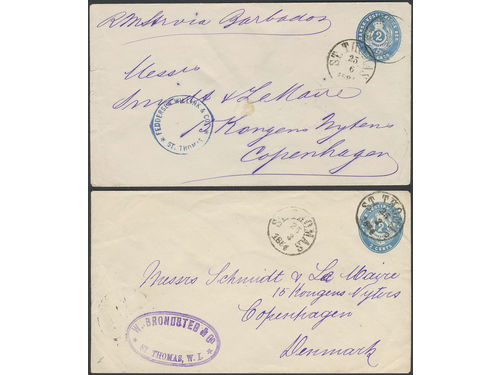 Danish West Indies. Postal stationery Facit FK1, Two stamped envelopes 2 c sent to Denmark, from ST THOMAS 25.6.1881 and 25.3.1884, respectively. The entire lot is presented at www.philea.se. (2).