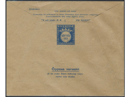 Sweden. Military Facit M2 P on cover, 1930. Proof for M2 in letterpress with the plate in metal for the issue. The issue was then printed in offset. Most probably printed by Lithografiska AB in Norrköping. Five recorded in this colour according to the handbook for Swedish Military letters with reply stamp. Very fine quality. Ex. Zetterberg.