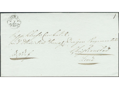 Sweden. M county. HÖRBY 7.10.1831, arc postmark. Type 1 on beautiful cover sent to Kristianstad. Superb. Postal: 2500:-