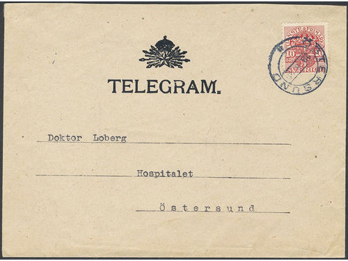 Sweden. Official Facit Tj47 on cover, 10 öre on local telegram cover sent within ÖSTERSUND 28.6.20. Arrival pmk ÖSTERSUND 2.TUR 29.6.20. Slightly reduced above.