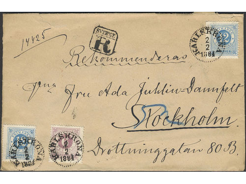 Sweden. Facit 31, 32 on cover, 6+2×12 öre on registered cover with content sent from KARLSKRONA 2.2.1884 to Stockholm. Beautiful item with less common combination.