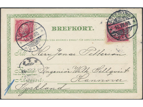 Sweden. Postal stationery, Single postcard, Facit bKe10, 54, 2×10 öre on postal card 5 öre sent from GÖTEBORG 10.VII.00 to Germany. The card intended for domestic usage is missing the UPU phrase 'Carte Postale' which was prescribed in the international mail exchange. The given destination 'Tyskland' has been indicated as improper with blue crayon and the indicium 5 öre has demonstratively been covered up with one of the stamps prepaying the letter rate. Sometimes, Sweden went over board reading the UPU rules – in this case it was a misinterpretation of the prescription, before the short period when Sweden really taxed such usages. Highly interesting item.