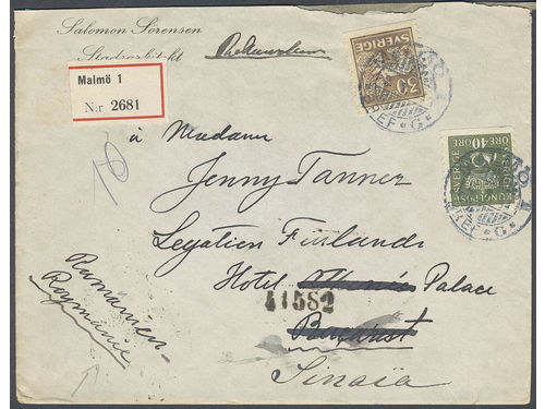 Sweden. Facit 148A, 159 on cover, 30+40 öre on registered cover sent from MALMÖ 1 2.7.21 to Romania. Arrival pmk BUCURESTI - MESAGERII SOSITE 8.IUL.21. Very scarce destination for registered mail.