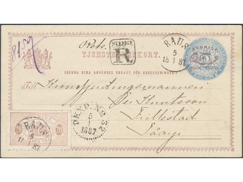 Sweden. Postal stationery, Official postcard, Facit TjbK3IIIb, Tj18, Official postcard 5/6 öre additionally franked with 20 öre, sent registered from RAUS 5.1.1887 via PKXP No 32 5.1.1887 to Tåarp. The card with fold and the stamp with some imperfections. Scarce. Ex. Daun.