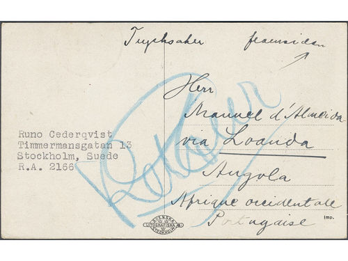 Sweden. Facit 71, 74 on cover, 1+4 öre on printed matter card sent from STOCKHOLM 13.6.20 to Portuguese West Africa. Arrival pmk CORREOS ANGOLA LOANDA CENTRAL 13.7.20. Scarce destination, the ONLY recorded pm sent to Angola.