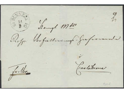 Sweden. K county. RUNNEBY 14.9.1834, arc postmark. Type 2 on beautiful cover sent to Karlskrona. Superb. Postal: 6000:-