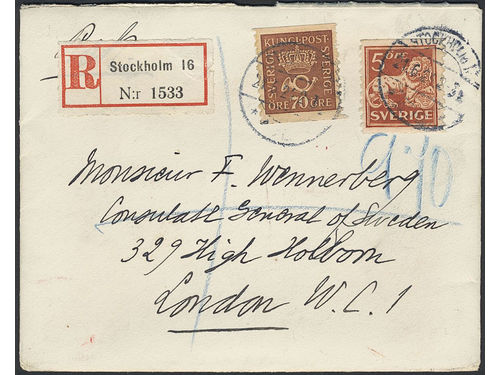 Sweden. Facit 164, 142A on cover, 5+70 öre on nice registered cover sent from STOCKHOLM 1 21.6.24 to Great Britain. Arrival pmk LONDON REGISTERED 24.JU.24.