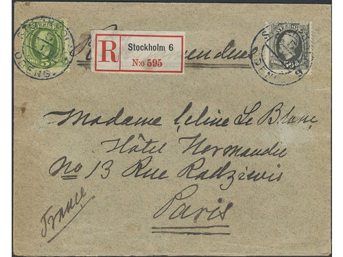 Sweden. Facit 59, 52 on cover, 5+50 öre on beautiful registered 2-fold cover sent from STOCKHOLM 6 11.1.07 to France, with arrival pmk on the reverse.