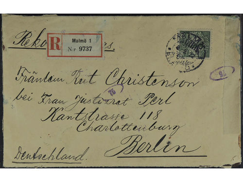 Sweden. Facit 95 on cover, 90 öre on censored registered 2-fold cover sent from MALMÖ 1 6.9.22 to Germany. Scarce single usage.