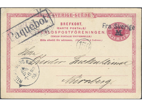 Sweden. Facit bKe13. Cancellations,  DENMARK. Danish postmarks FRA SVERIGE M and PAQUEBOT on postcard sent to Germany. Arrival pmk NUERNBERG B.U. 24.APR.03. Somewhat worn at back, otherwise superb.