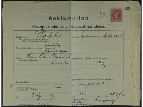 Sweden. Facit 54 on cover, 10 öre on complaint / enquiry regarding a missing parcel addressed to Åmsele. Form No. 329 (somewhat fragile) cancelled FINSPONG 10.3.1909.